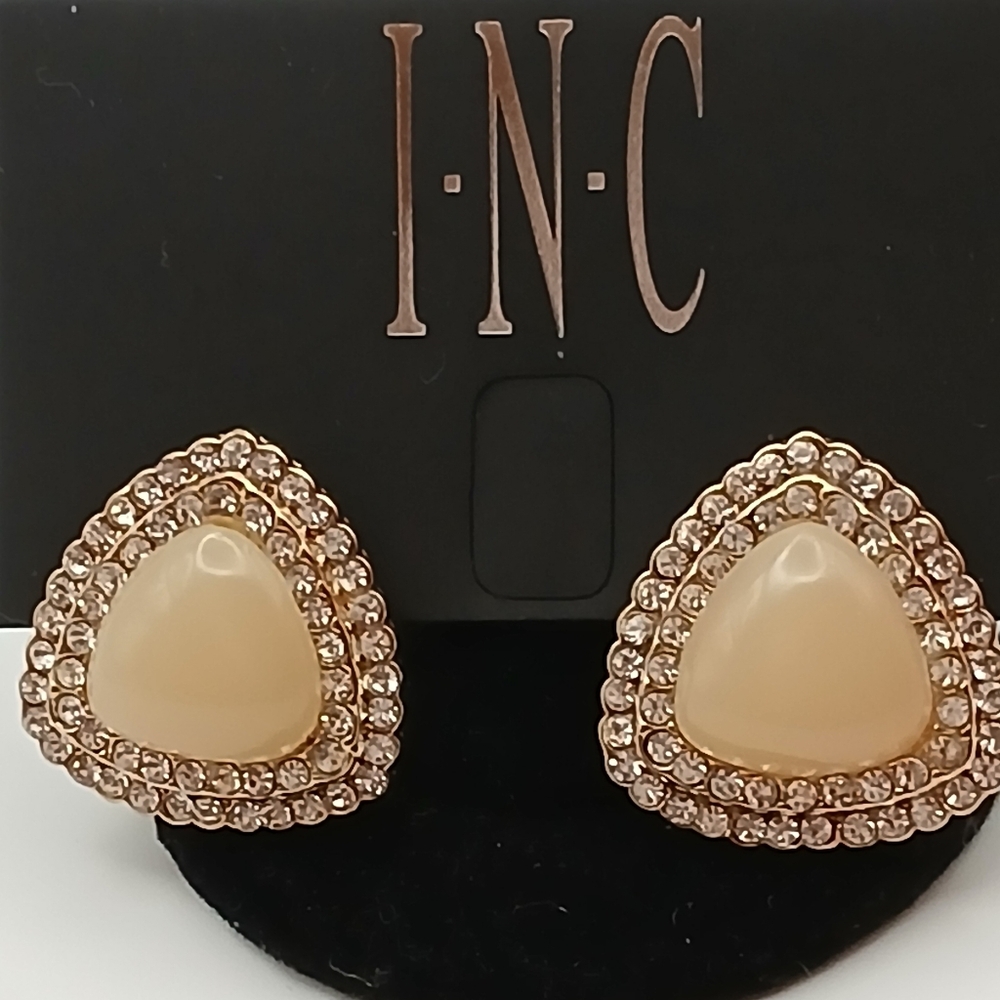INC Earrings Cream Stone Triangle Surrounded By Two Rows Of Faux Diamonds NEW